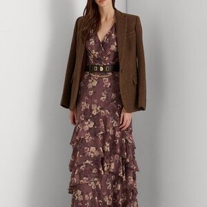 Floral Ruffle Maxi Dress with Brown Blazer